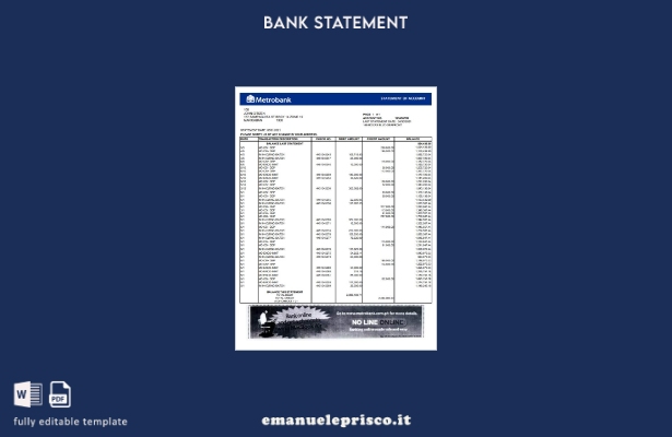 modello Excel di estratto conto bancario Metrobank del Regno Unito in stile veri